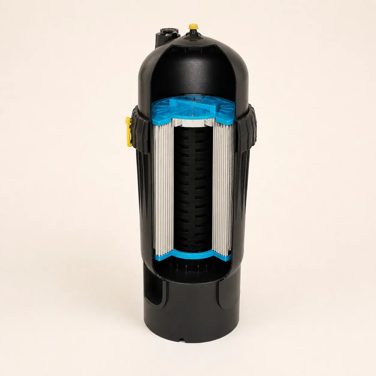 Cutaway illustration highlighting the dirt-catcher assembly inside a Sherlok-style pool filter
